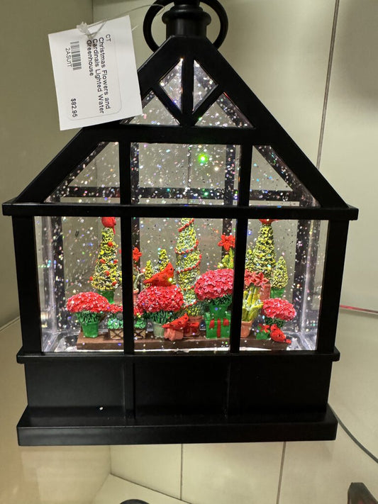 Christmas Flowers and Cardinals Lighted Water Greenhouse